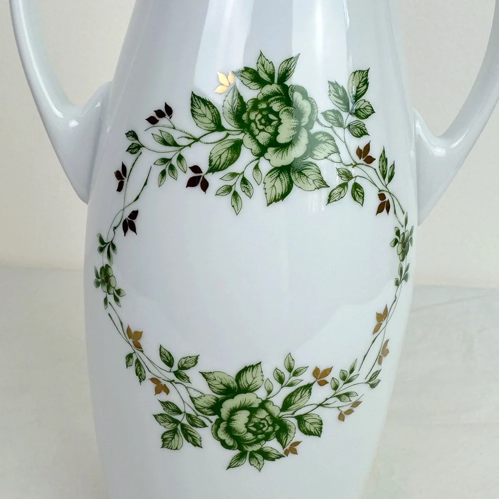 Hollohaza Hungary Erika Green Floral Handled Porcelain Vase